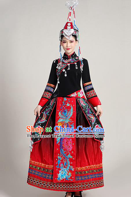 China She Minority Folk Dance Dress Outfits Ethnic Stage Performance Dress Yao Nationality Clothing and Hat