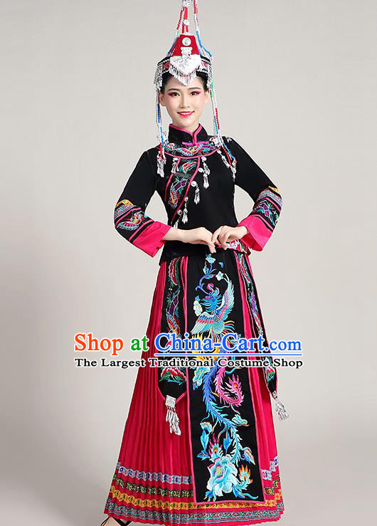China Yao Nationality Clothing She Minority Folk Dance Outfits Ethnic Stage Performance Rosy Dress and Hat