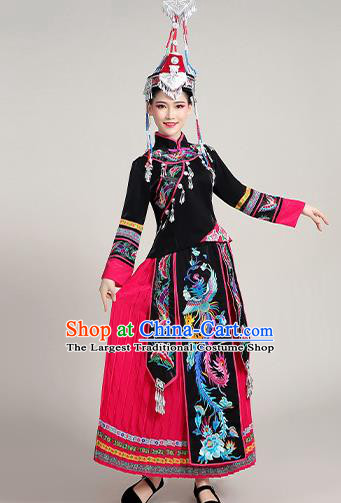 China Yao Nationality Clothing She Minority Folk Dance Outfits Ethnic Stage Performance Rosy Dress and Hat