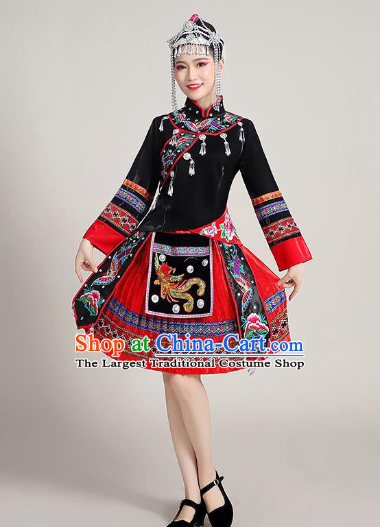 China Ethnic Stage Performance Red Short Dress Yao Nationality Clothing She Minority Folk Dance Outfits and Hair Accessories