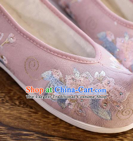 China Handmade Diamante Hanfu Shoes Traditional Folk Dance Pink Cloth Shoes Embroidered Peach Blossom Shoes