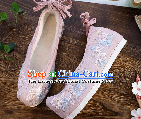 China Handmade Diamante Hanfu Shoes Traditional Folk Dance Pink Cloth Shoes Embroidered Peach Blossom Shoes