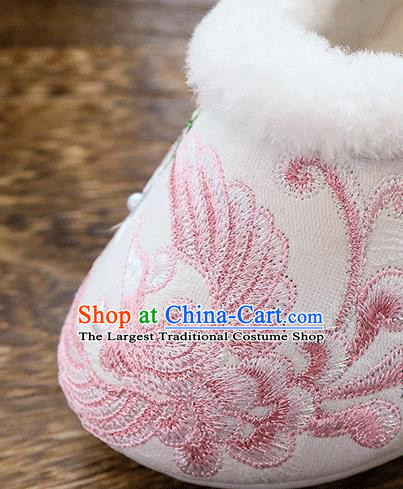 China National Woman Winter Shoes Traditional Embroidered Pearls White Cloth Shoes Folk Dance Shoes
