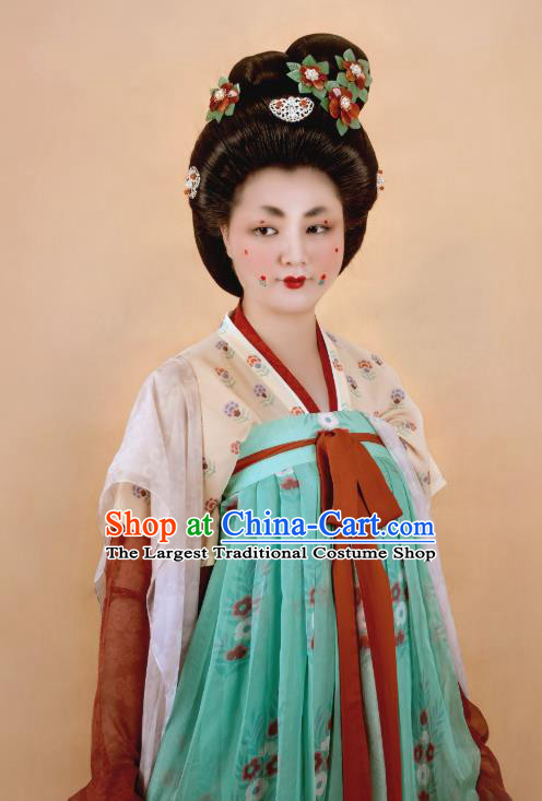 China Tang Dynasty Court Woman Historical Costumes Traditional Ancient Noble Madame Green Hanfu Dress Complete Set