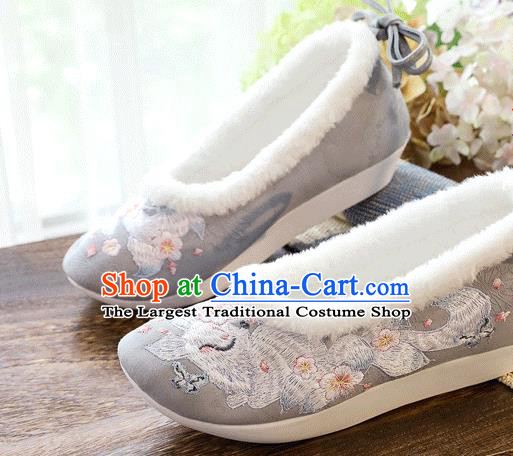 China Traditional Embroidered Nine Tail Fox Shoes Folk Dance Shoes National Woman Winter Grey Cloth Shoes