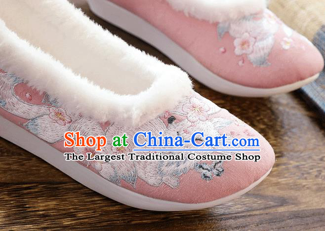 China Traditional Folk Dance Shoes National Woman Winter Pink Cloth Shoes Embroidered Nine Tail Fox Shoes