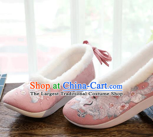China Traditional Folk Dance Shoes National Woman Winter Pink Cloth Shoes Embroidered Nine Tail Fox Shoes