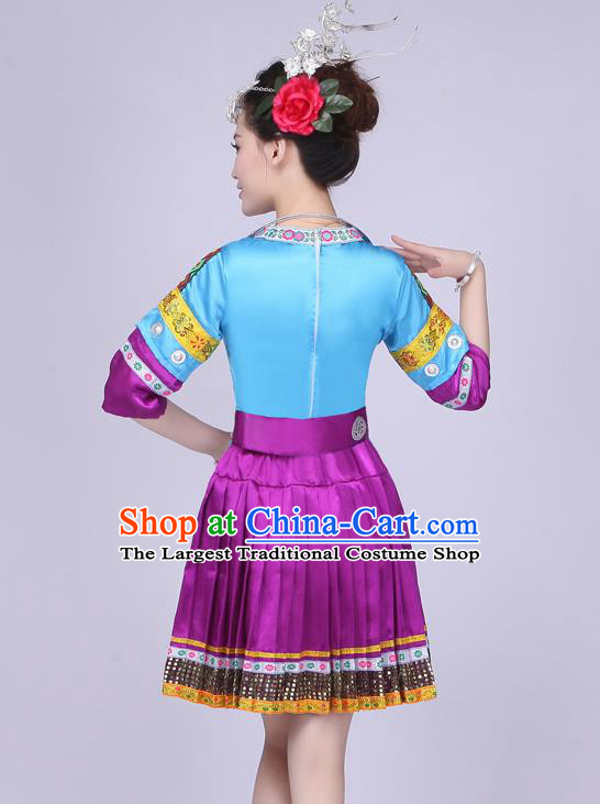 China Xiangxi Ethnic Performance Outfits Yao Minority Blue Dress Tujia Nationality Folk Dance Clothing and Hair Accessories
