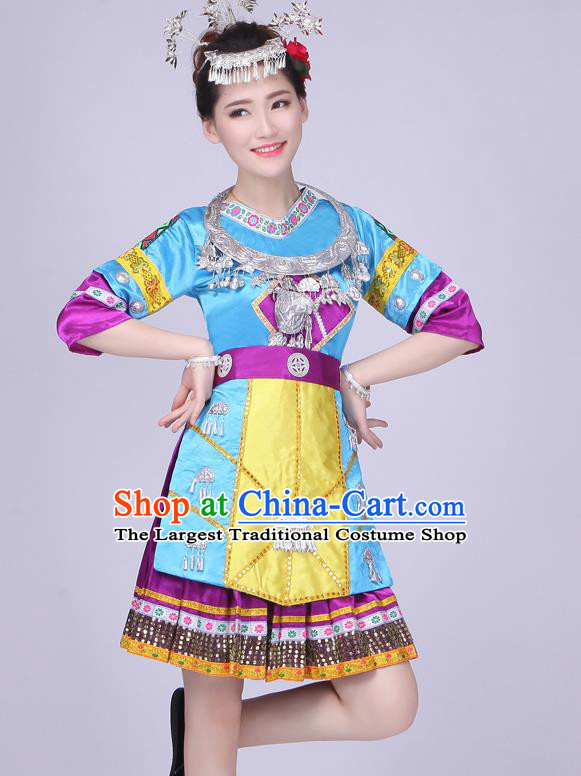 China Xiangxi Ethnic Performance Outfits Yao Minority Blue Dress Tujia Nationality Folk Dance Clothing and Hair Accessories