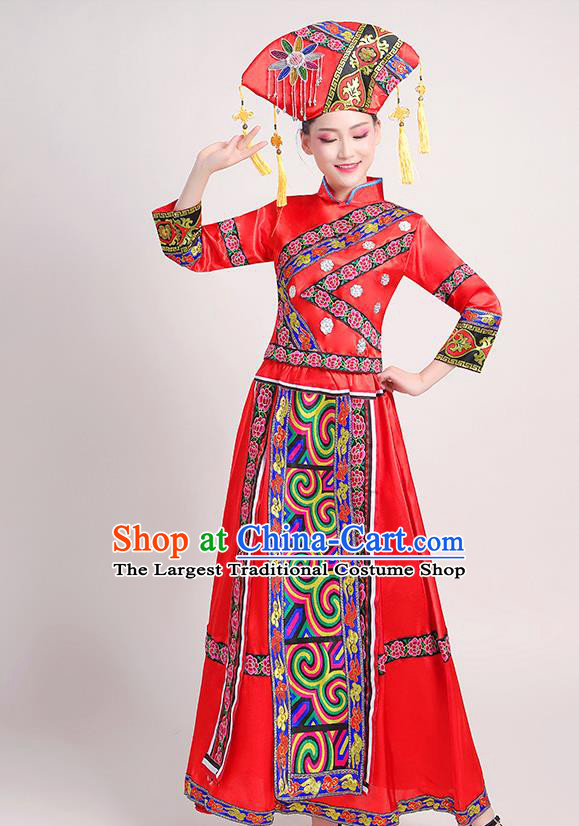 China Zhuang Nationality Clothing Guangxi Ethnic Performance Outfits Minority Folk Dance Red Dress and Hat