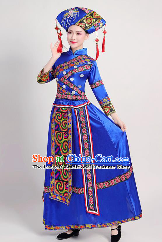 China Minority Folk Dance Royalblue Dress Zhuang Nationality Clothing Guangxi Ethnic Performance Outfits and Hat