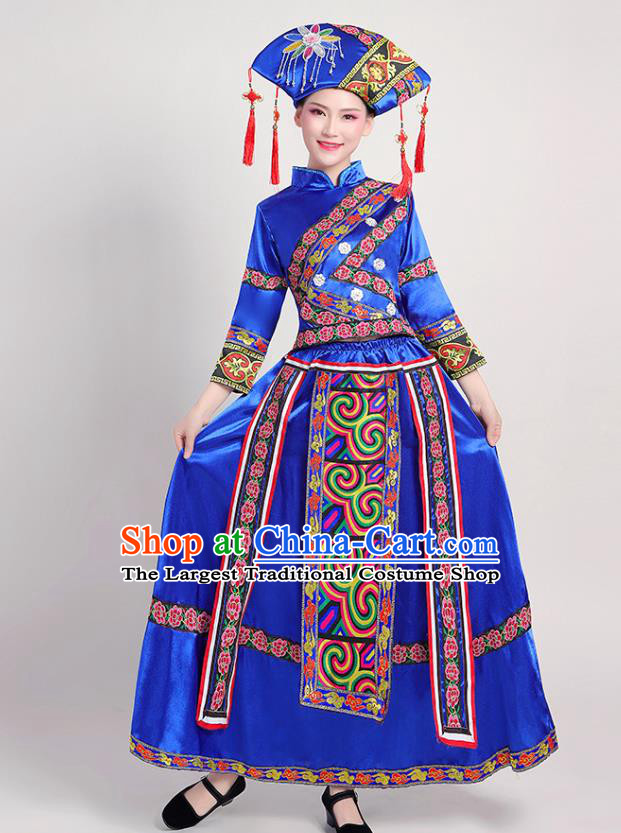 China Minority Folk Dance Royalblue Dress Zhuang Nationality Clothing Guangxi Ethnic Performance Outfits and Hat