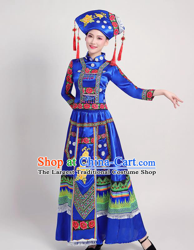 China Yunnan Ethnic Performance Royalblue Outfits Yao Minority Folk Dance Dress Zhuang Nationality Clothing and Headwear