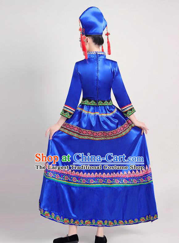 China Zhuang Nationality Female Clothing Guangxi Ethnic Performance Royalblue Outfits Minority Folk Dance Dress and Headdress