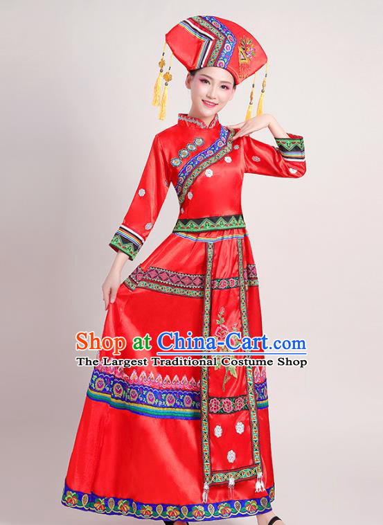China Minority Folk Dance Dress Zhuang Nationality Female Clothing Guangxi Ethnic Performance Red Outfits and Headdress