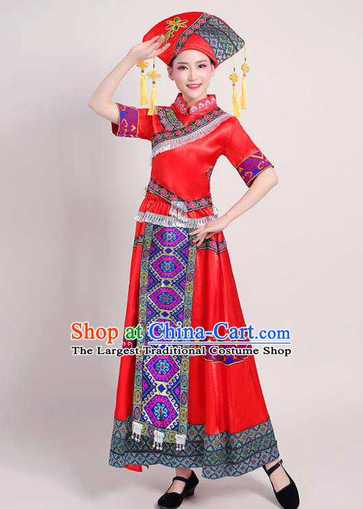 China Guangxi Ethnic Performance Red Outfits Tujia Minority Folk Dance Dress Zhuang Nationality Female Clothing and Headwear