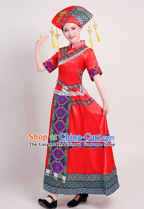China Guangxi Ethnic Performance Red Outfits Tujia Minority Folk Dance Dress Zhuang Nationality Female Clothing and Headwear
