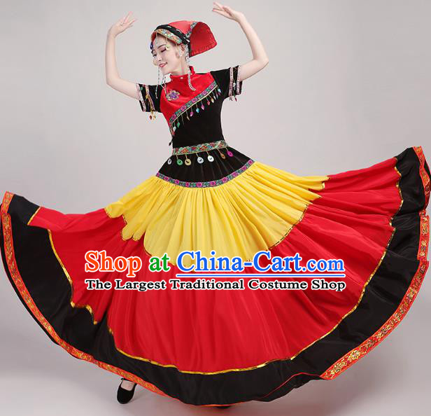 China Yi Minority Torch Festival Dress Guangxi Ethnic Performance Outfits Traditional Nationality Folk Dance Costumes and Headwear