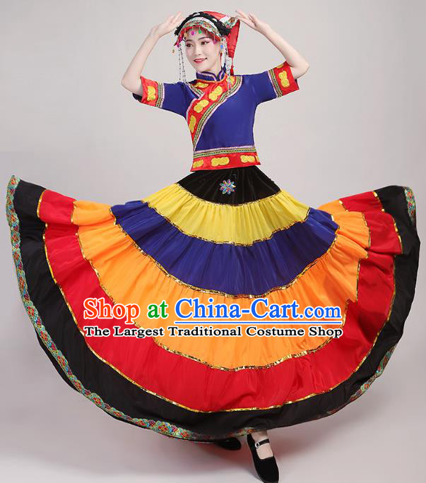 China Yi Nationality Folk Dance Costumes Yi Minority Torch Festival Dress Traditional Guangxi Ethnic Performance Outfits and Hat
