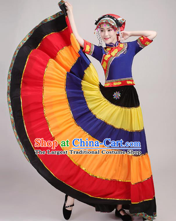 China Yi Nationality Folk Dance Costumes Yi Minority Torch Festival Dress Traditional Guangxi Ethnic Performance Outfits and Hat