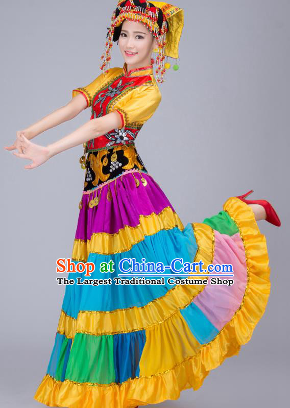 China Traditional Ethnic Performance Clothing Guangxi Nationality Folk Dance Costumes Yi Minority Torch Festival Dress and Hat
