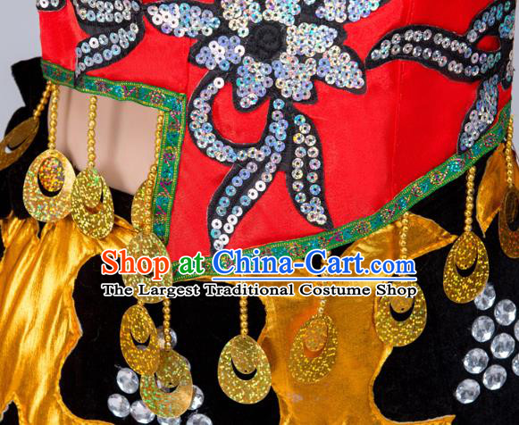 China Traditional Ethnic Performance Clothing Guangxi Nationality Folk Dance Costumes Yi Minority Torch Festival Dress and Hat
