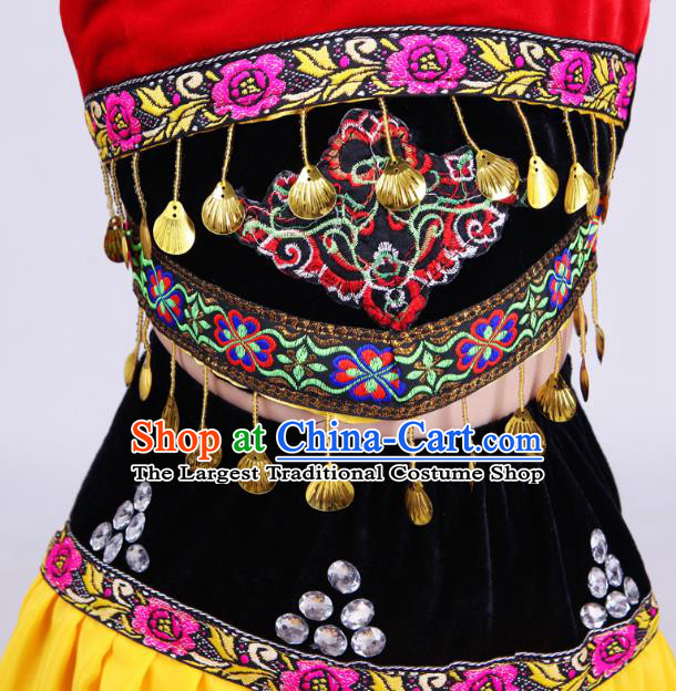 China Liangshan Nationality Folk Dance Costumes Yi Minority Torch Festival Dress Traditional Sichuan Ethnic Performance Clothing and Headwear