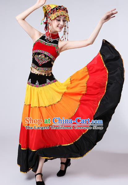 China Traditional Ethnic Clothing Liangshan Nationality Folk Dance Costumes Yi Minority Torch Festival Dress and Headwear