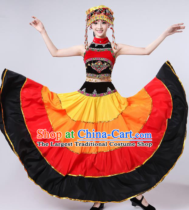 China Traditional Ethnic Clothing Liangshan Nationality Folk Dance Costumes Yi Minority Torch Festival Dress and Headwear