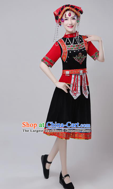 China Zhuang Nationality Folk Dance Costumes Traditional Yi Minority Ethnic Torch Festival Black Dress