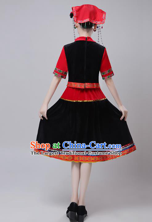 China Zhuang Nationality Folk Dance Costumes Traditional Yi Minority Ethnic Torch Festival Black Dress