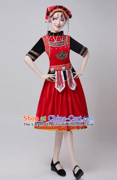 China Traditional Yi Minority Ethnic Torch Festival Red Short Dress Outfits Zhuang Nationality Folk Dance Costumes