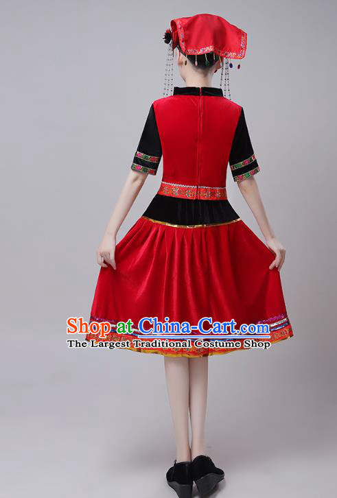 China Traditional Yi Minority Ethnic Torch Festival Red Short Dress Outfits Zhuang Nationality Folk Dance Costumes