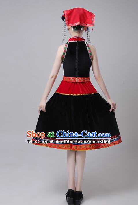 China Traditional Yao Nationality Folk Dance Costumes Yi Minority Ethnic Stage Performance Black Short Dress Outfits