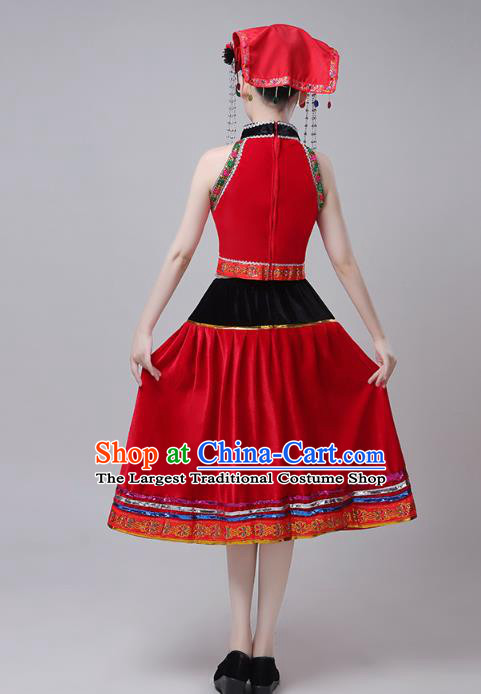 China Yi Minority Ethnic Stage Performance Red Short Dress Outfits Traditional Yao Nationality Folk Dance Costumes