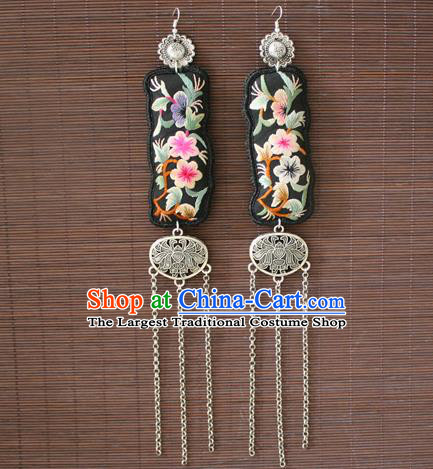 China Traditional Miao Nationality Embroidered Earrings National Cheongsam Silver Tassel Ear Accessories