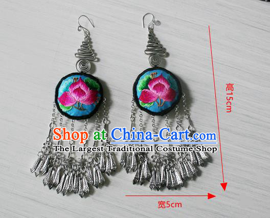 China Traditional Miao Nationality Ethnic Embroidered Lotus Earrings National Cheongsam Silver Tassel Ear Accessories