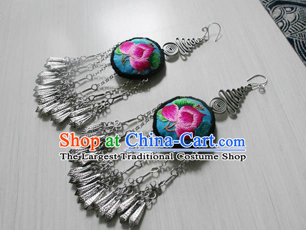 China Traditional Miao Nationality Ethnic Embroidered Lotus Earrings National Cheongsam Silver Tassel Ear Accessories