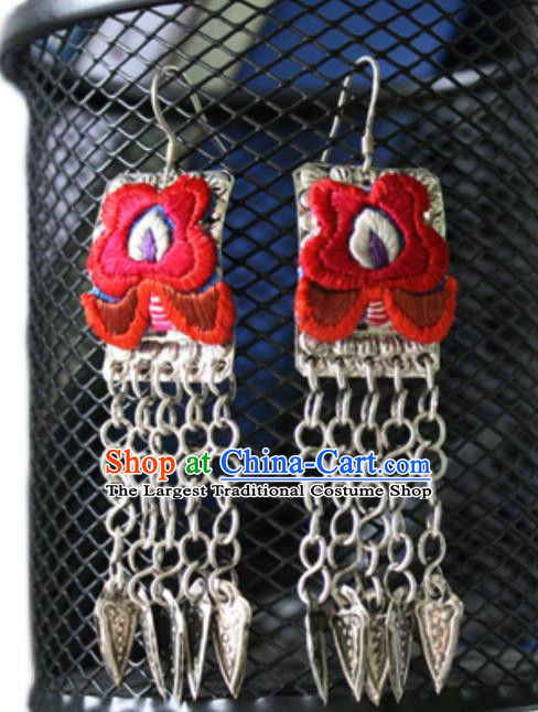 China National Embroidered Red Earrings Traditional Cheongsam Silver Tassel Ear Accessories