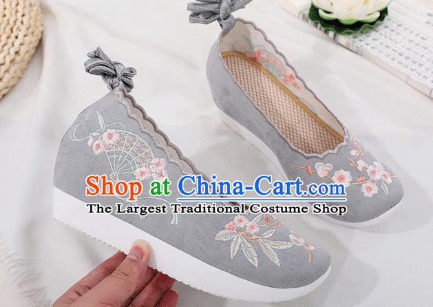 China Embroidered Plum Fan Grey Cloth Shoes Traditional Shoes Folk Dance Platform Shoes