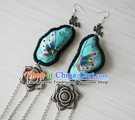 China Traditional Cheongsam Embroidered Butterfly Ear Accessories National Guizhou Ethnic Silver Tassel Earrings