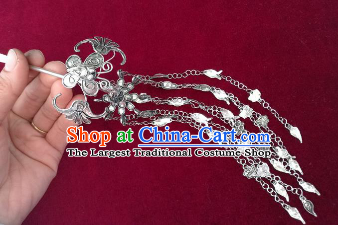 Chinese Miao Ethnic Folk Dance Hair Accessories Traditional Hmong Nationality Silver Tassel Hairpin