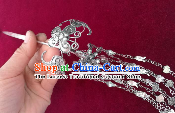 Chinese Miao Ethnic Folk Dance Hair Accessories Traditional Hmong Nationality Silver Tassel Hairpin