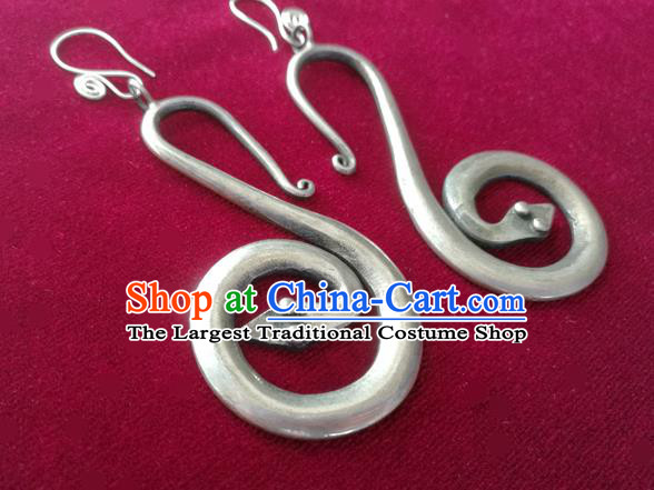 China Guizhou Ethnic Woman Silver Snake Earrings Traditional Miao Nationality Dance Ear Accessories
