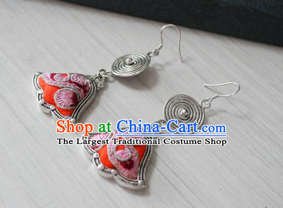 China Guizhou Hmong Ethnic Silver Earrings Traditional Miao Nationality Embroidered Ear Accessories