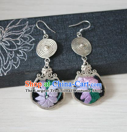 China Traditional Miao Nationality Embroidered Ear Accessories Handmade Guizhou Hmong Ethnic Silver Earrings