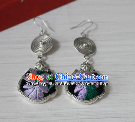 China Traditional Miao Nationality Embroidered Ear Accessories Handmade Guizhou Hmong Ethnic Silver Earrings