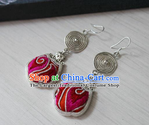 China Traditional Miao Nationality Bride Embroidered Rosy Ear Accessories Handmade Guizhou Hmong Ethnic Wedding Silver Earrings