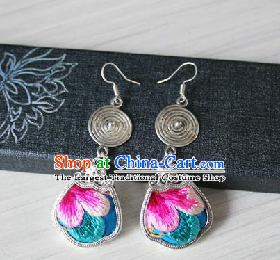 China Handmade Guizhou Hmong Ethnic Wedding Silver Earrings Traditional Miao Nationality Embroidered Blue Ear Accessories