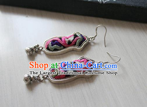 China Handmade Guizhou Ethnic Silver Embroidered Earrings Traditional Miao Nationality Folk Dance Ear Accessories